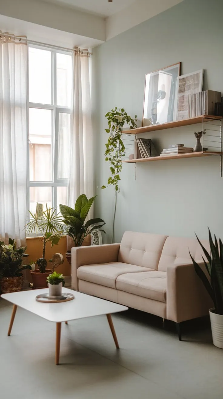 A serene apartment living room boasts a beige sofa, simple decor, and calming light blue walls, maximized by large windows.