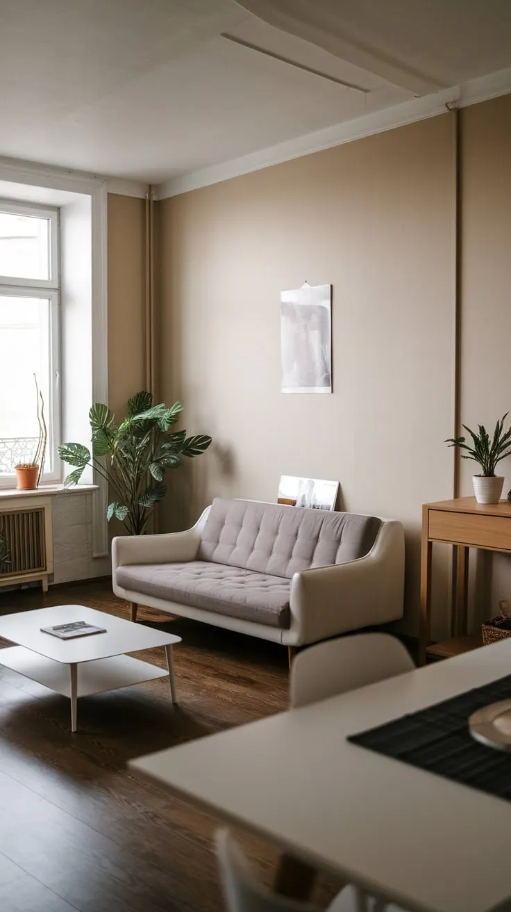 Clean lines and neutral tones define this airy apartment living room, featuring a white sofa and wooden accents against a beige backdrop.