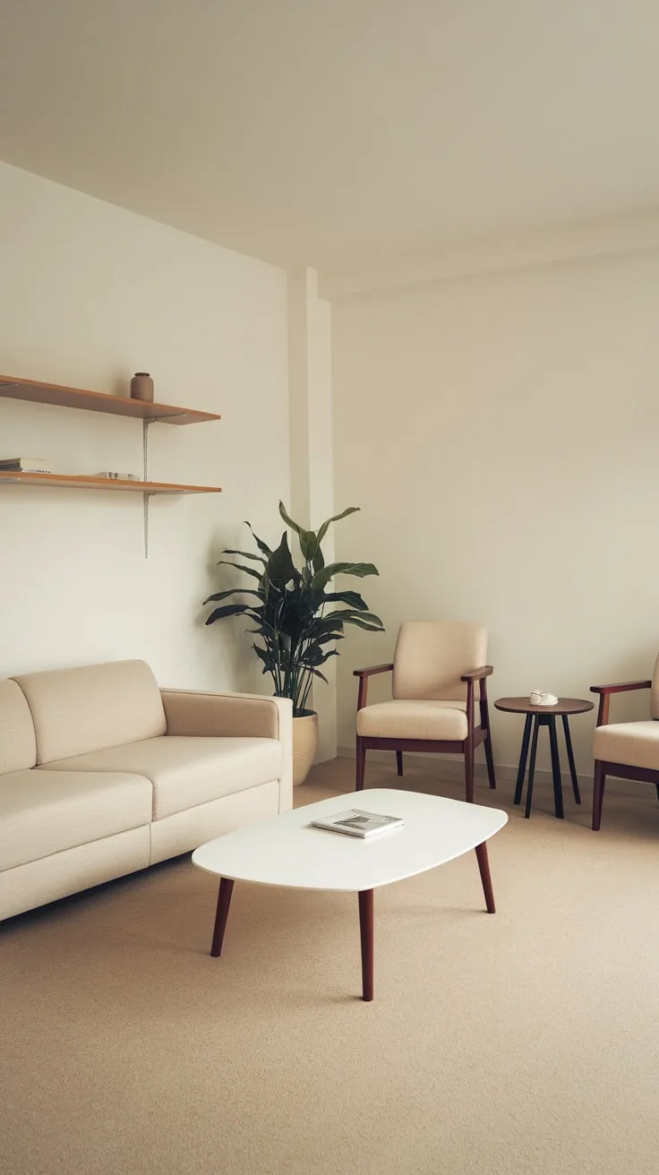 Soft light bathes a minimalist living room featuring a beige sofa, white accents, and calming neutral tones.
