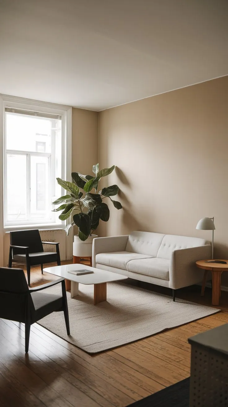 Soft light illuminates a minimalist apartment living room featuring a gray sofa, black chairs, and a large potted plant against a backdrop of hardwood floors and beige walls