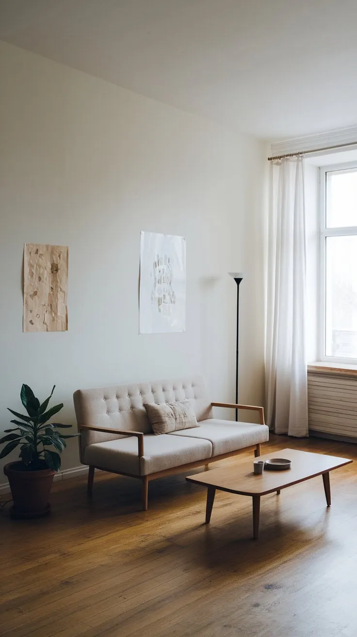 A minimalist apartment living room features a beige sofa, wooden coffee table, potted plant, and artwork against white walls, creating a serene and stylish space