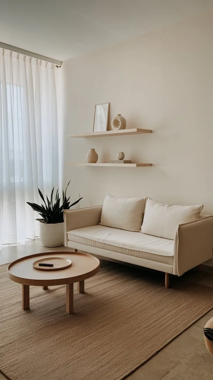 Sunlight streams into a minimalist apartment living room featuring a white sofa, wooden coffee table, and simple shelving, creating a serene atmosphere
