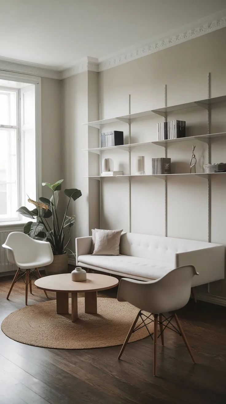 A minimalist apartment living room boasts a serene atmosphere with a white sofa, wooden accents, and a large potted plant against a backdrop of light gray walls and dark wood floors.