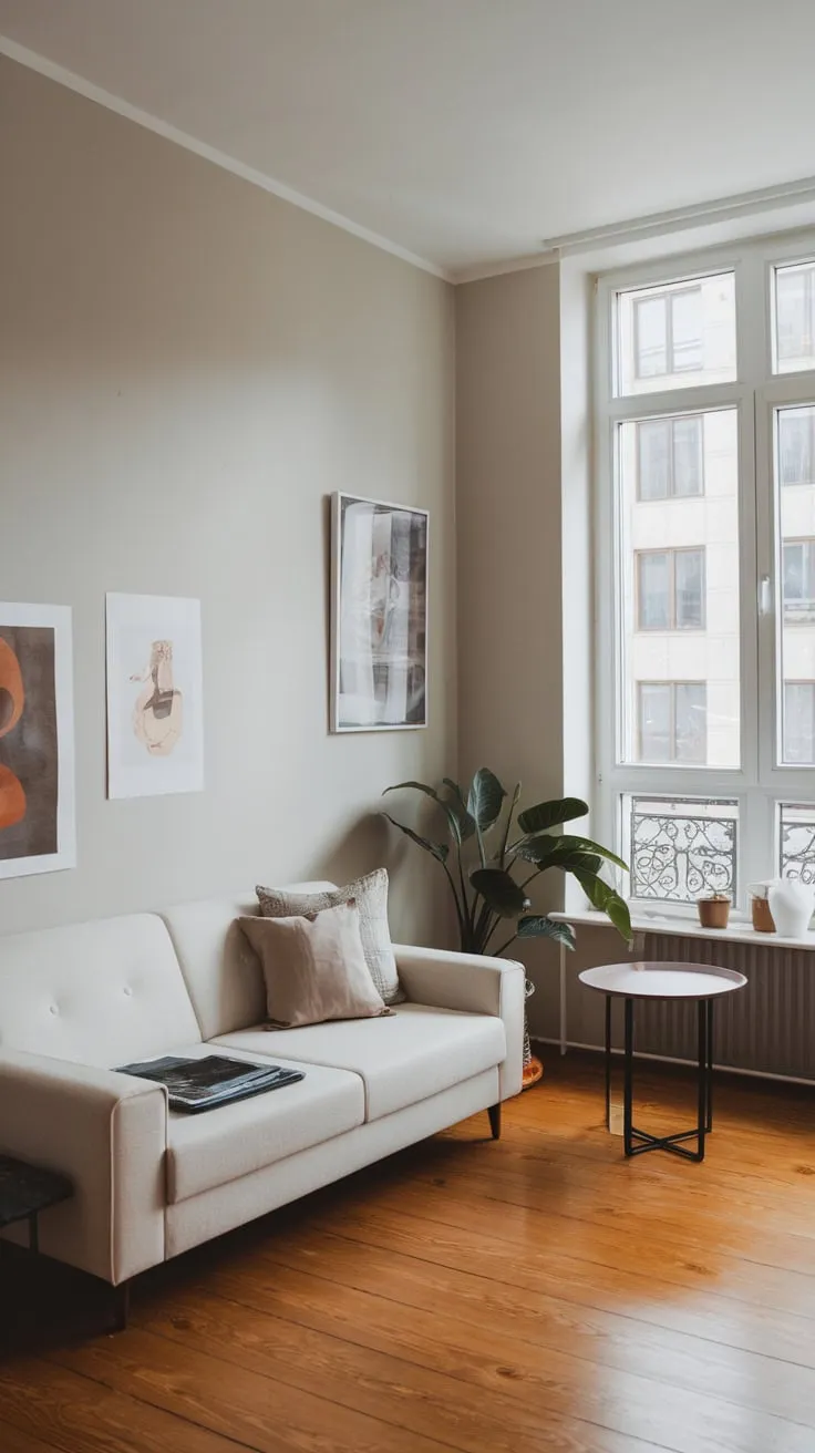 A minimalist apartment living room boasts a serene atmosphere with a white couch, simple art, and a view through a large window.