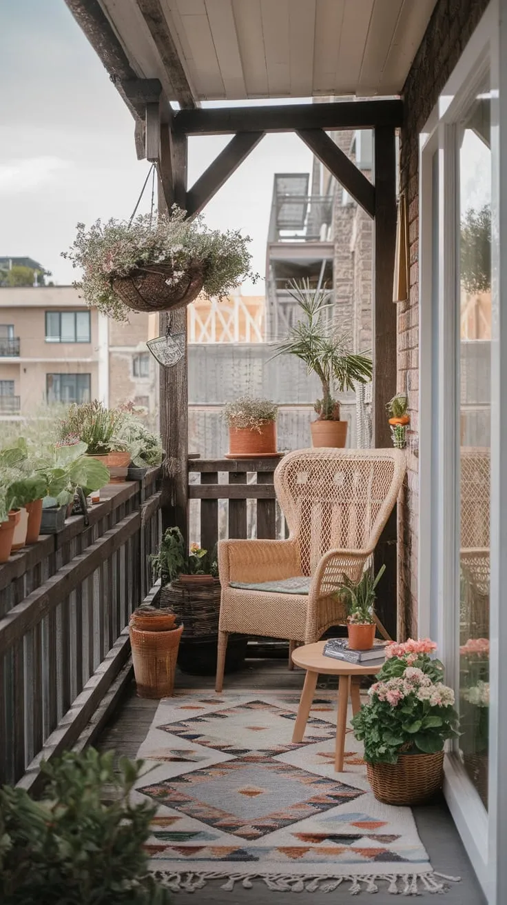 A charming boho balcony, complete with wicker furniture, potted plants, and city views, offers a cozy urban retreat.
