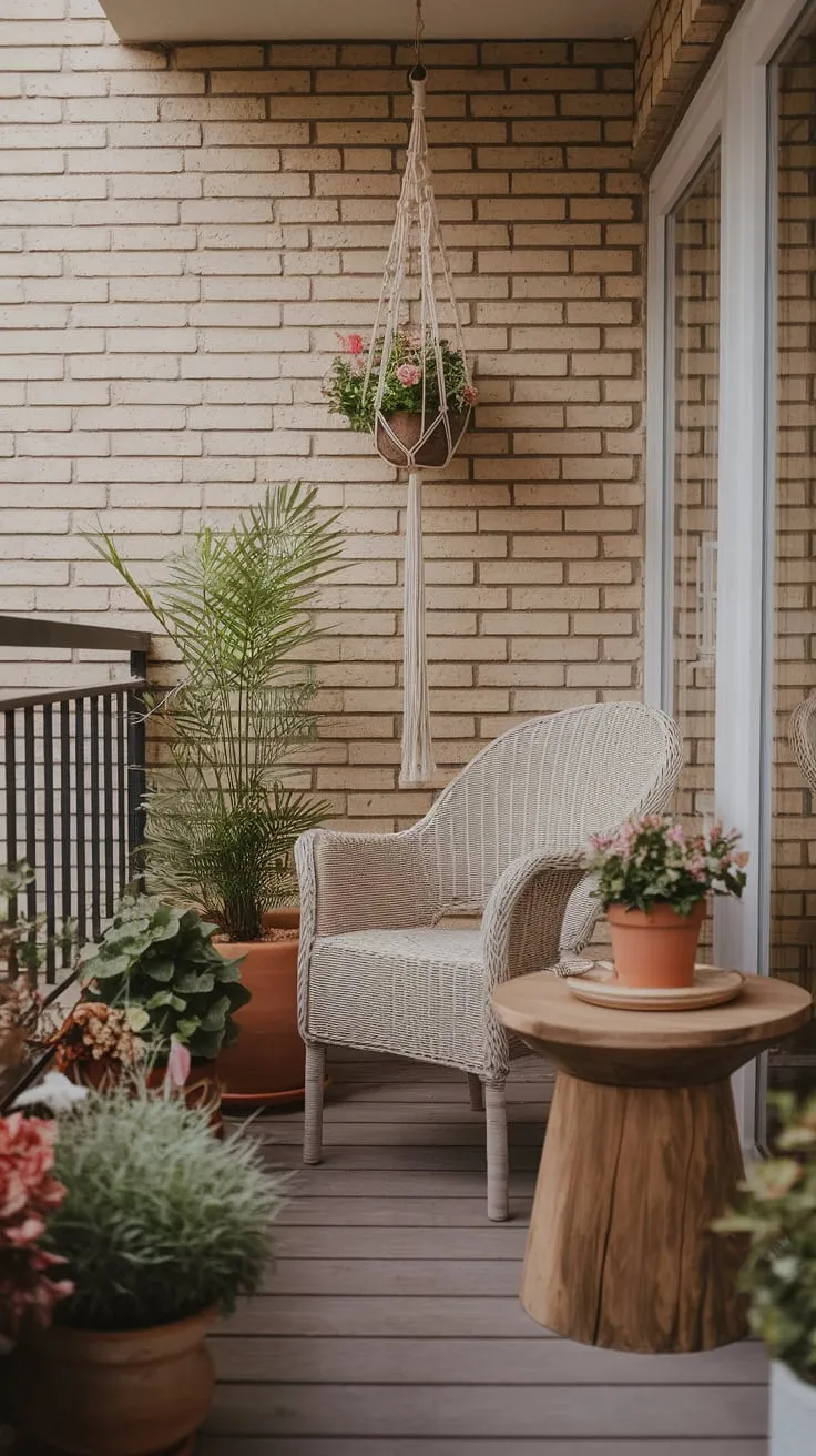 A cozy boho balcony, adorned with plants and wicker furniture, offers a warm and inviting escape.