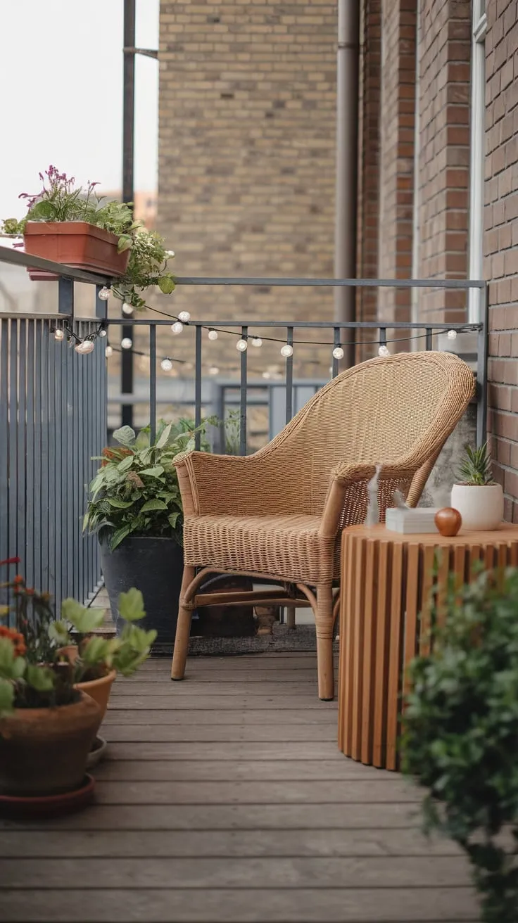 A small apartment patio transforms into a charming bohemian retreat with a wicker chair, fairy lights, and potted plants adding warmth to the wooden deck.
