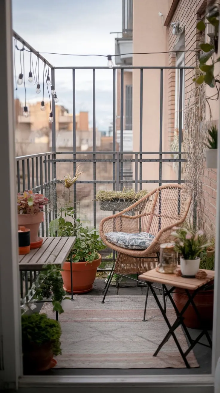 Escape the city bustle on a charming apartment balcony adorned with wicker furniture and vibrant greenery.
