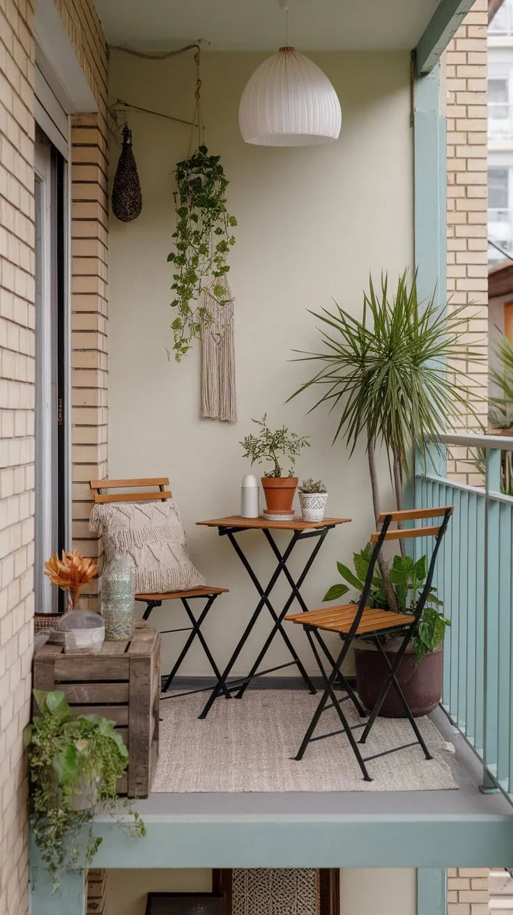 A charming boho apartment patio, complete with a tiny table, chairs, and hanging plants, offers a cozy outdoor retreat.