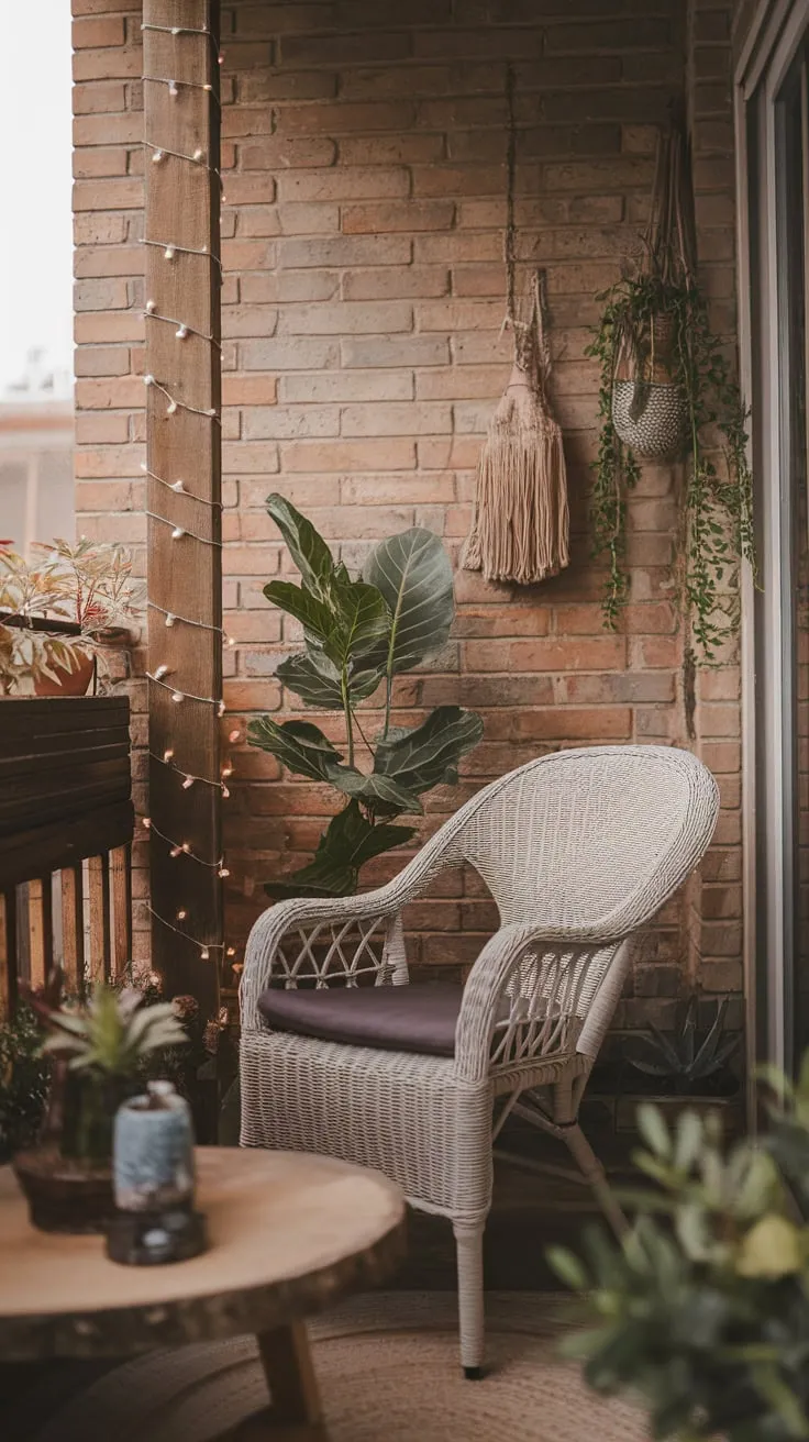 A boho-chic apartment balcony offers a warm and inviting escape with weathered furniture, exposed brick, and twinkling fairy lights.