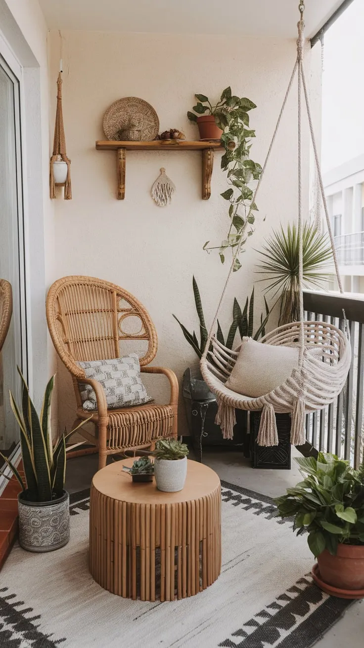 This small balcony, adorned with wicker, plants, and a hanging swing, transforms a city apartment into a bohemian oasis.