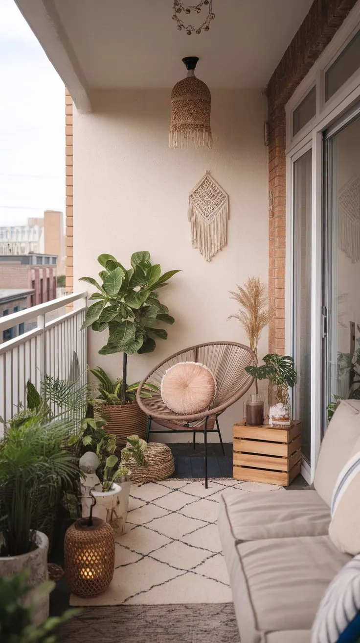 A city apartment's balcony transforms into a relaxing boho retreat, complete with plants, comfy seating, and stunning cityscape views.