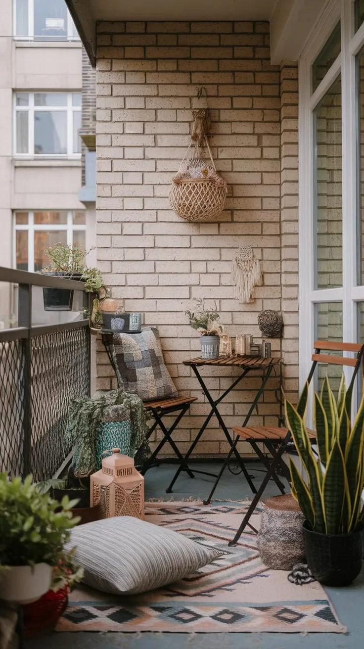 A cozy boho apartment patio, complete with brick wall, patterned rug, and potted plants, offers a charming urban retreat.