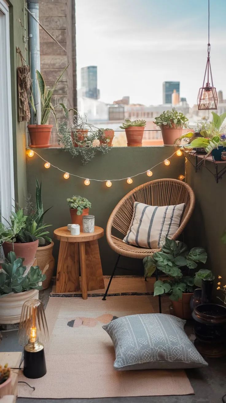 A cozy boho balcony, adorned with plants and fairy lights, offers a tranquil city escape.