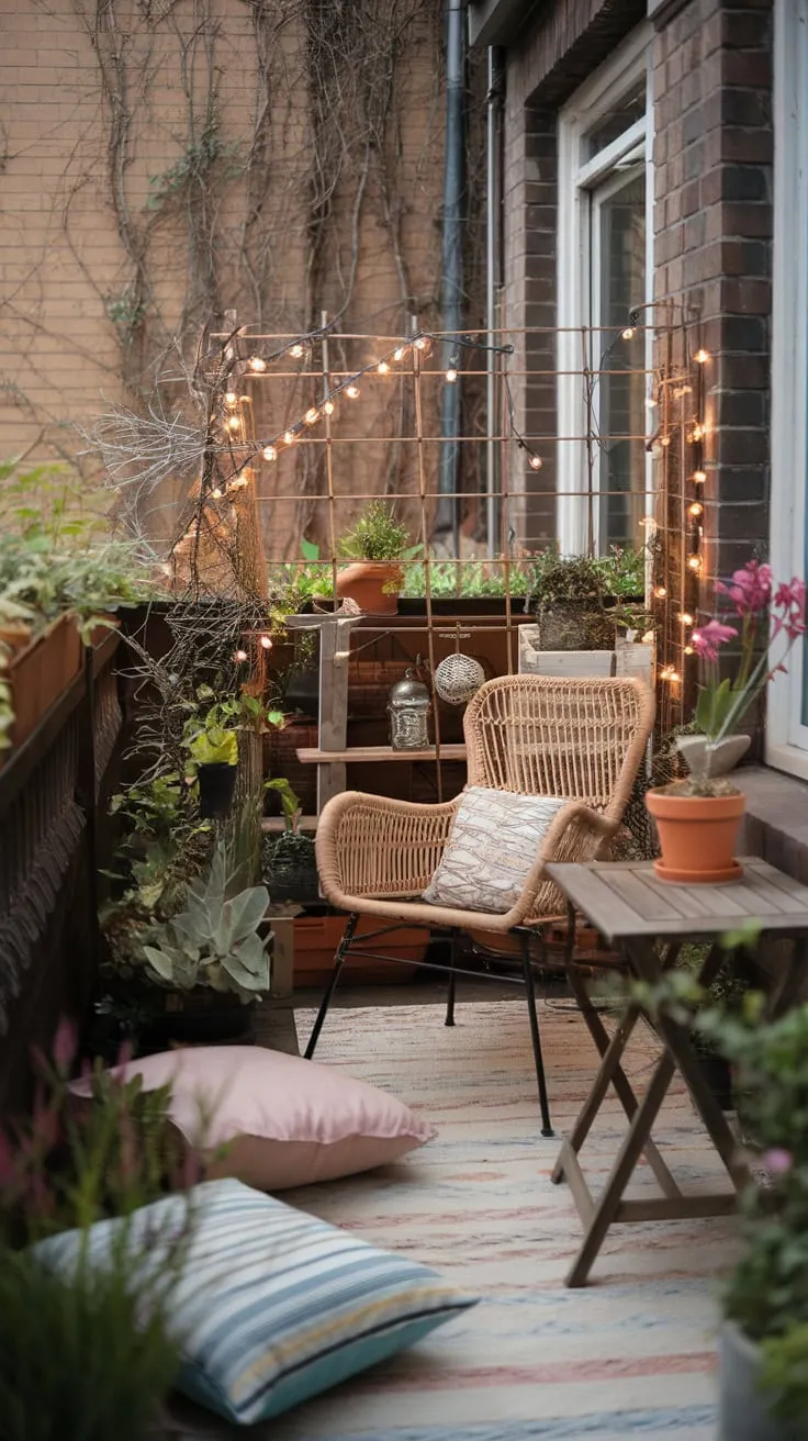 A small apartment patio transforms into a relaxing bohemian retreat with twinkling lights, plants, and comfortable seating.