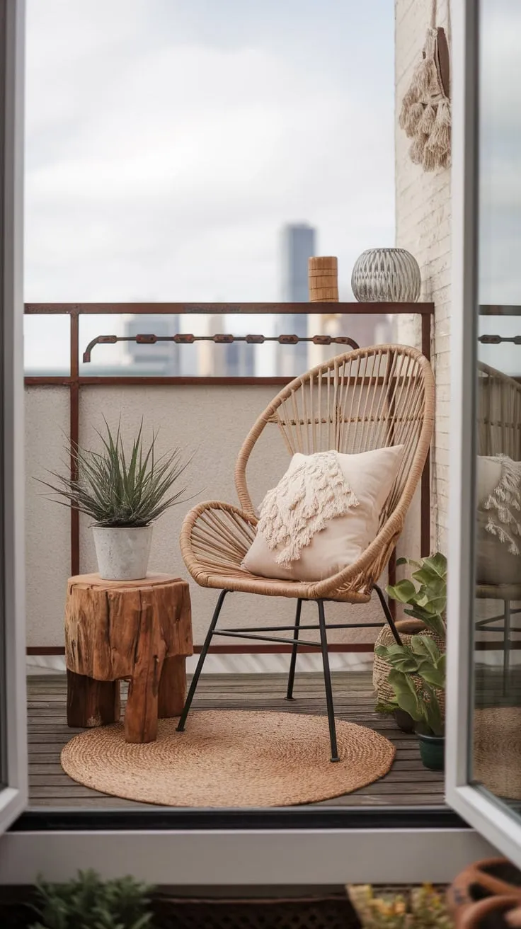 A charming city-view apartment patio boasts boho-chic style with wicker furniture, potted plants, and wooden accents.