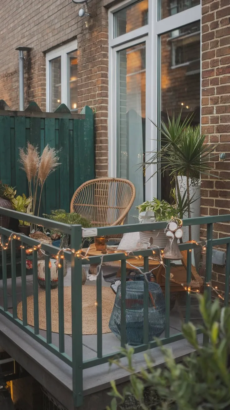 Fairy lights twinkle above a cozy boho balcony, perfect for relaxing amidst potted plants and wicker furniture.
