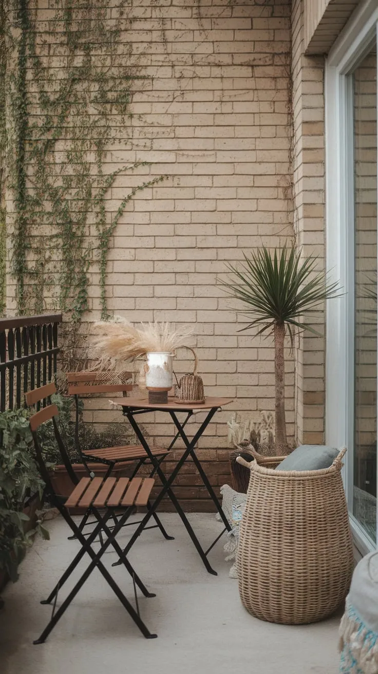 Cozy wicker furniture and lush greenery transform a small apartment balcony into a peaceful outdoor retreat.