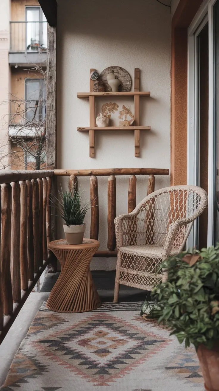 A charming boho apartment balcony, complete with wicker furniture, patterned rug, and potted plant, offers a cozy outdoor retreat.