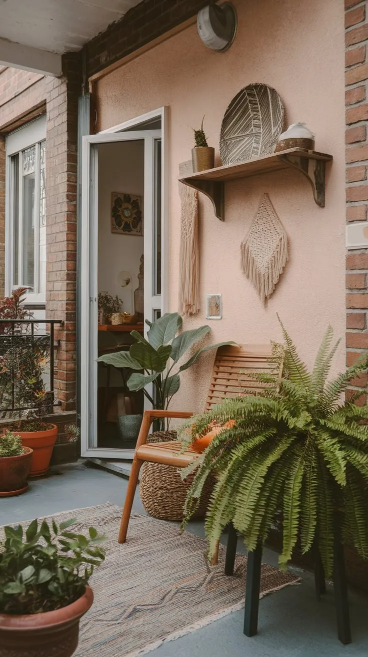 A cozy boho balcony, complete with potted plants, a wooden chair, and patterned rug, transforms a small apartment patio into a tranquil outdoor haven.