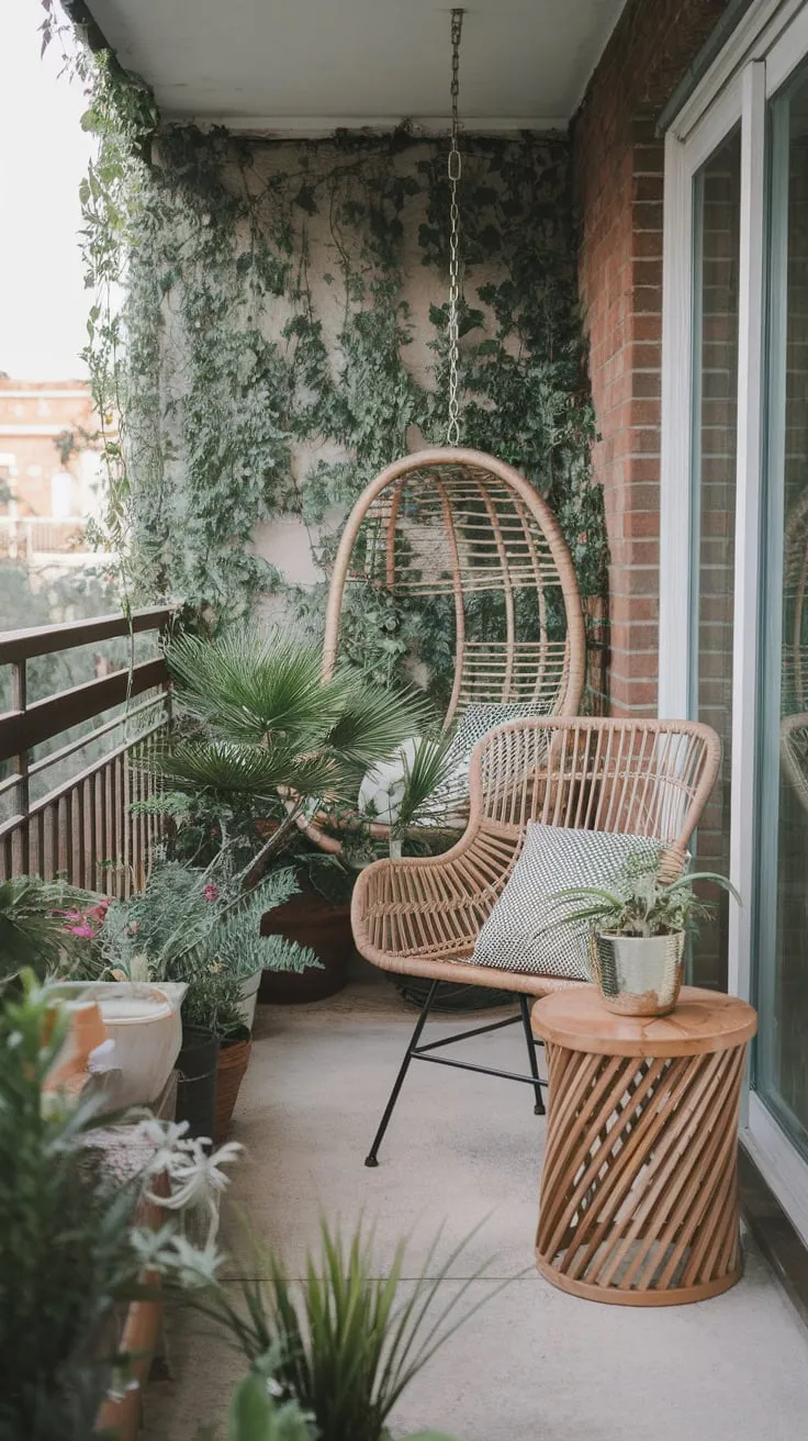 Escape to tranquility on a small balcony adorned with rattan furniture, hanging swing chair, and lush greenery.