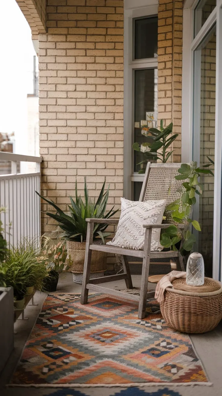 A cozy boho apartment balcony, complete with patterned rug, wicker basket, and potted plant, offers a charming outdoor retreat.