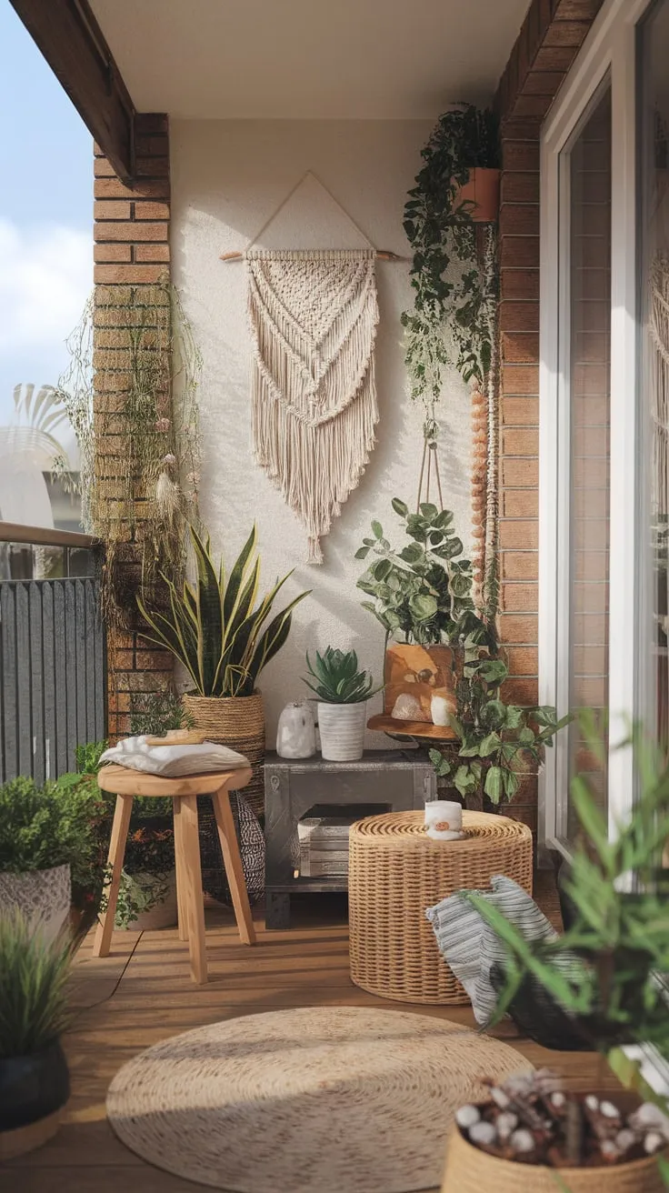 Sunlight bathes a charming apartment patio, adorned with plants, wicker, and macrame, creating a cozy boho retreat.