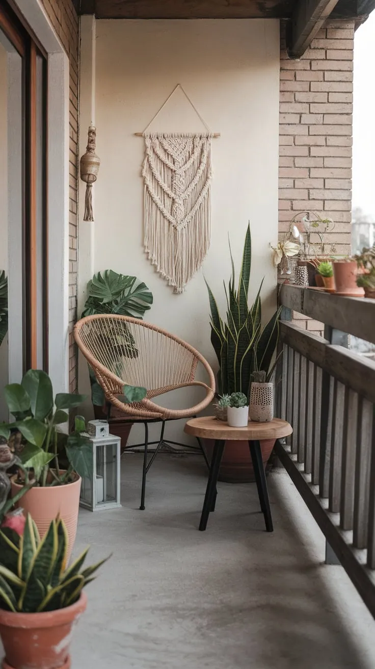 A serene boho-chic apartment patio beckons with wicker furniture, potted plants, and macrame, creating a tranquil outdoor retreat.