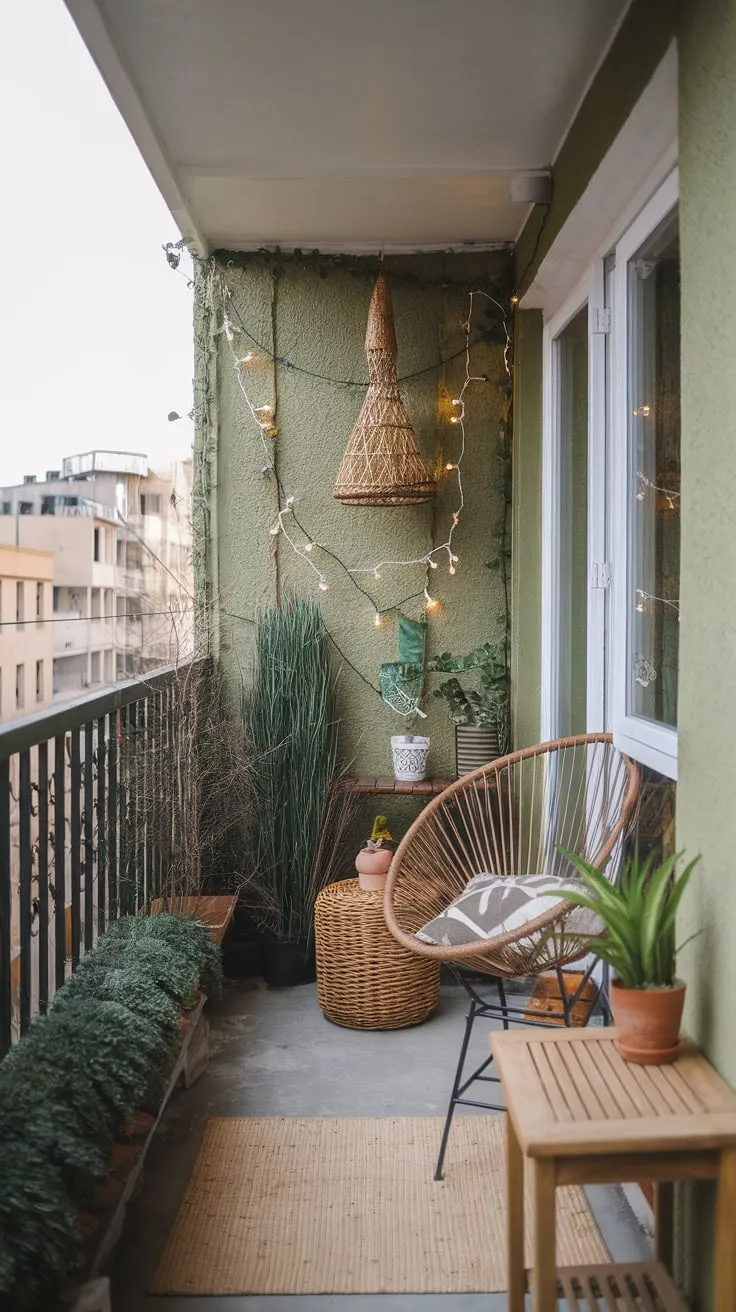 Escape the city bustle on a charming apartment patio balcony adorned with plants, string lights, and a wicker chair.