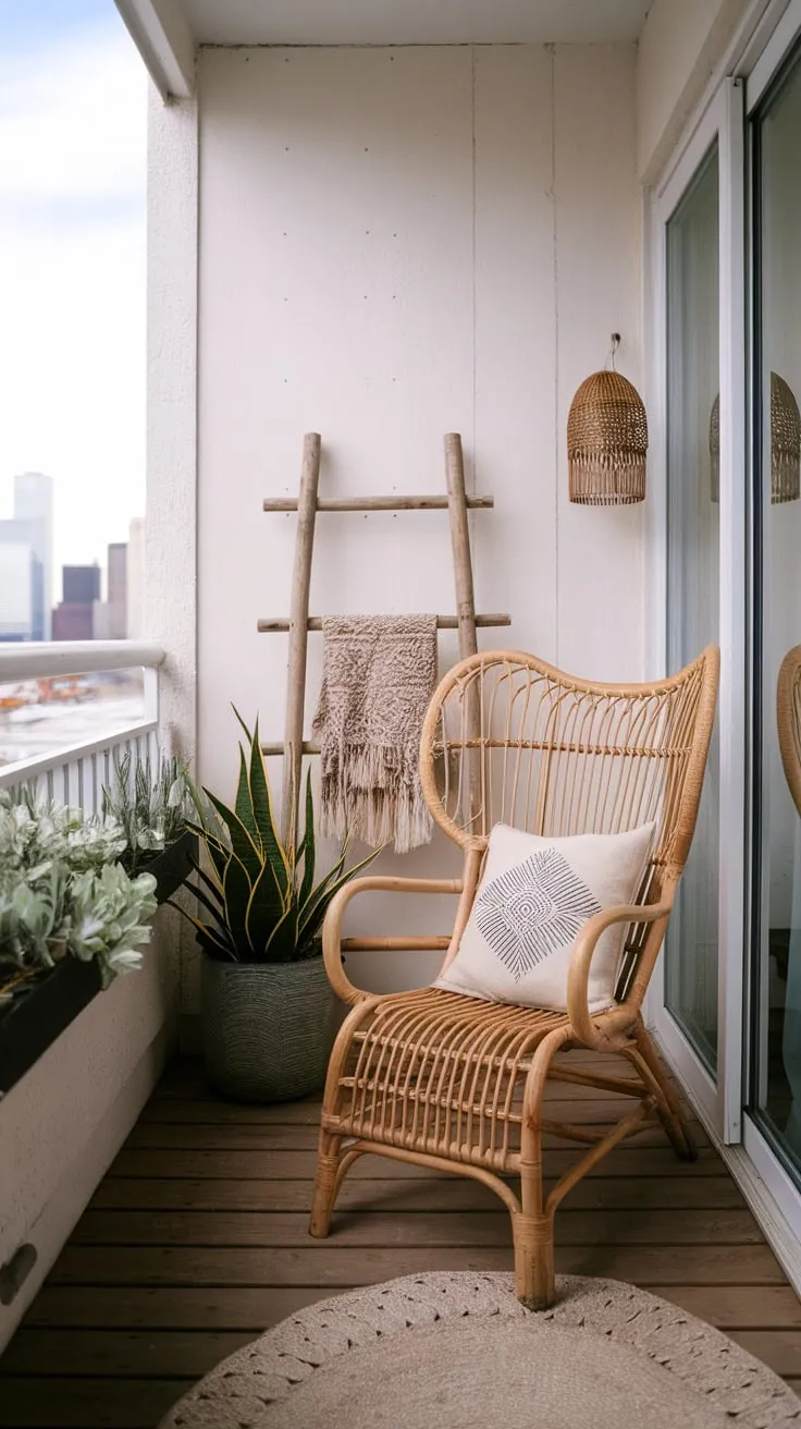 Rattan furniture and greenery transform a tiny apartment patio into a charming urban oasis.