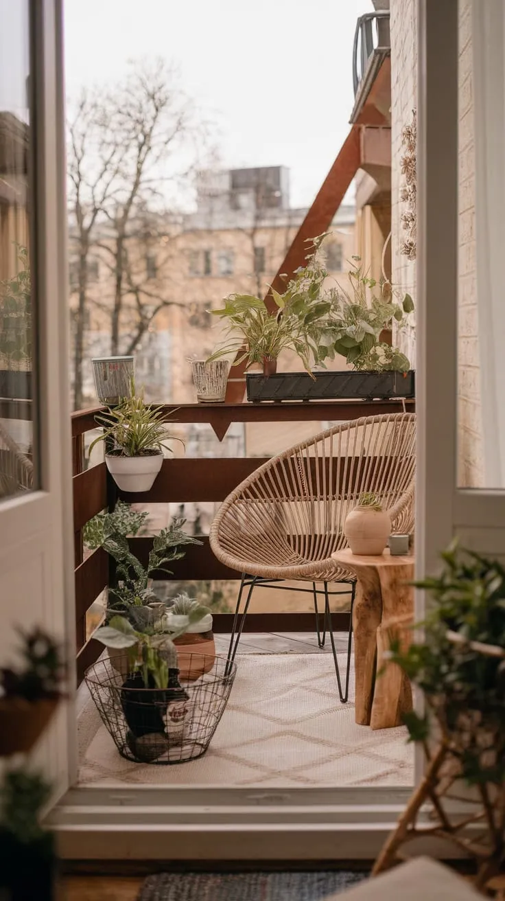 A cozy boho-chic apartment patio, complete with rattan furniture and potted plants, offers a tranquil city escape.