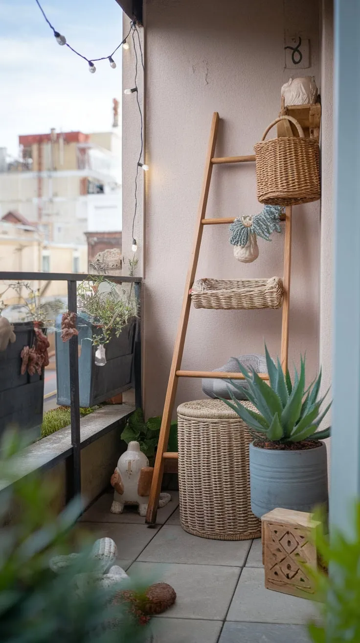 A cozy boho balcony patio offers a city-view escape with string lights, plants, and charming décor.