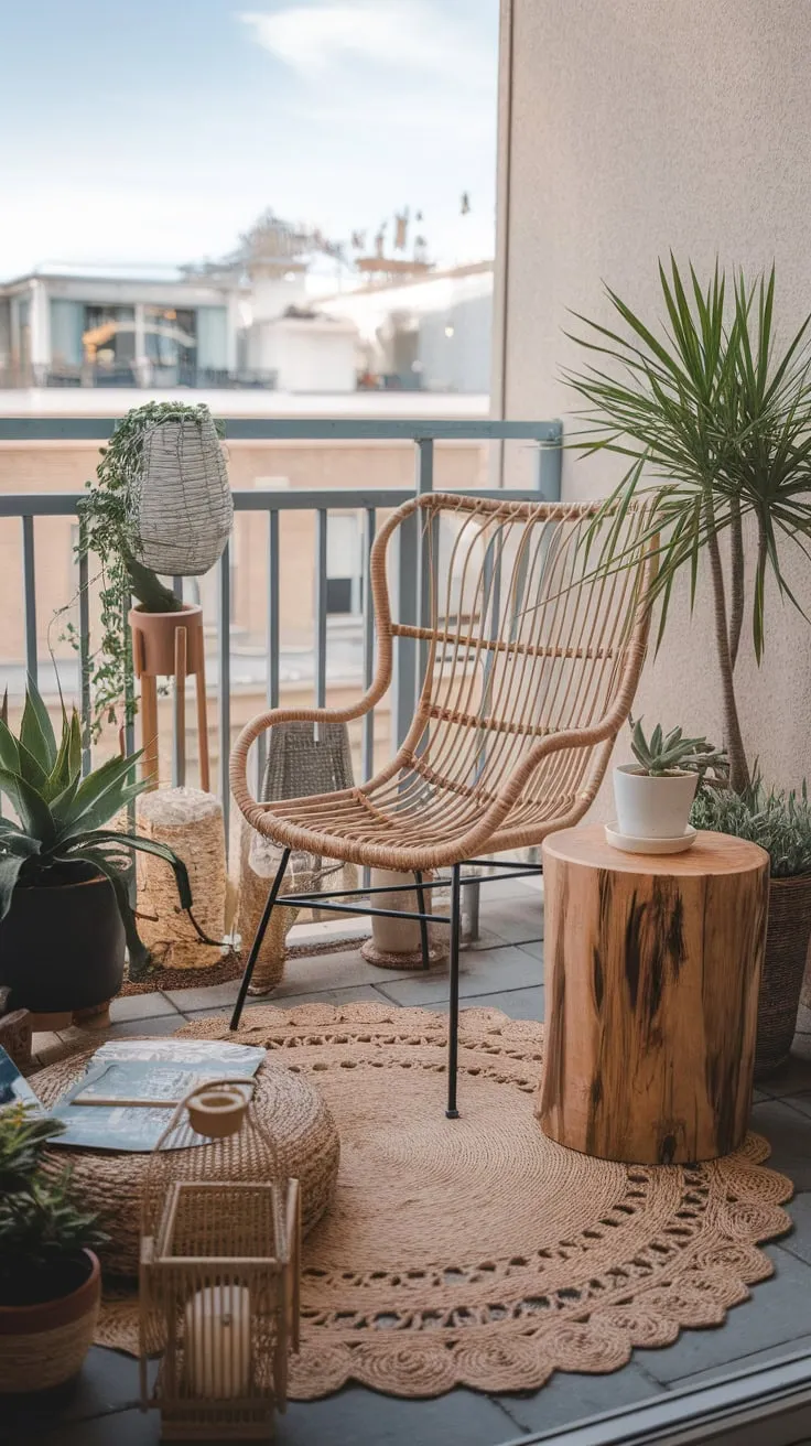 Urban apartment living finds tranquil beauty in a small patio adorned with bohemian décor and cityscape backdrop.