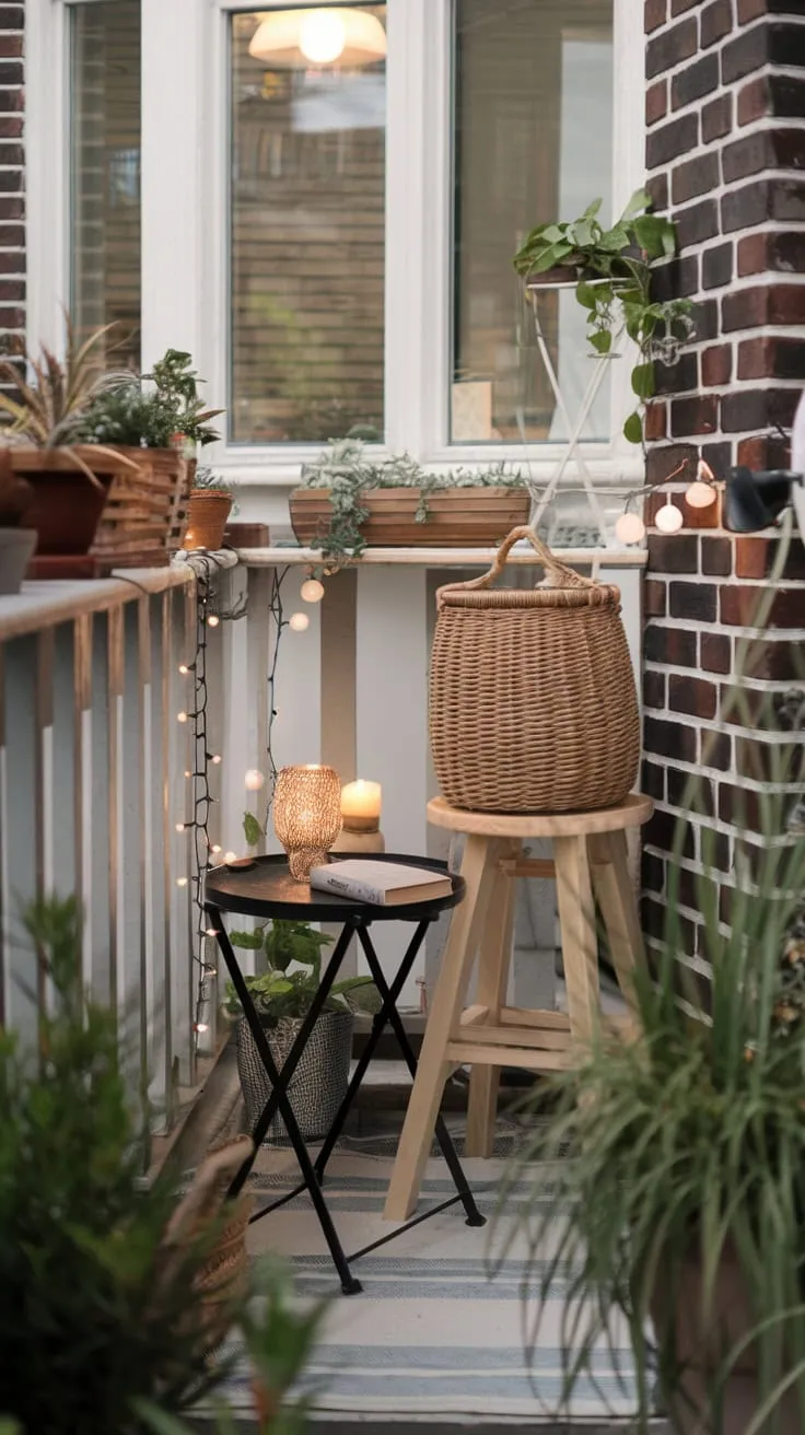 Escape to a whimsical apartment patio, complete with a wicker basket, candlelit table, and a breathtaking view.
