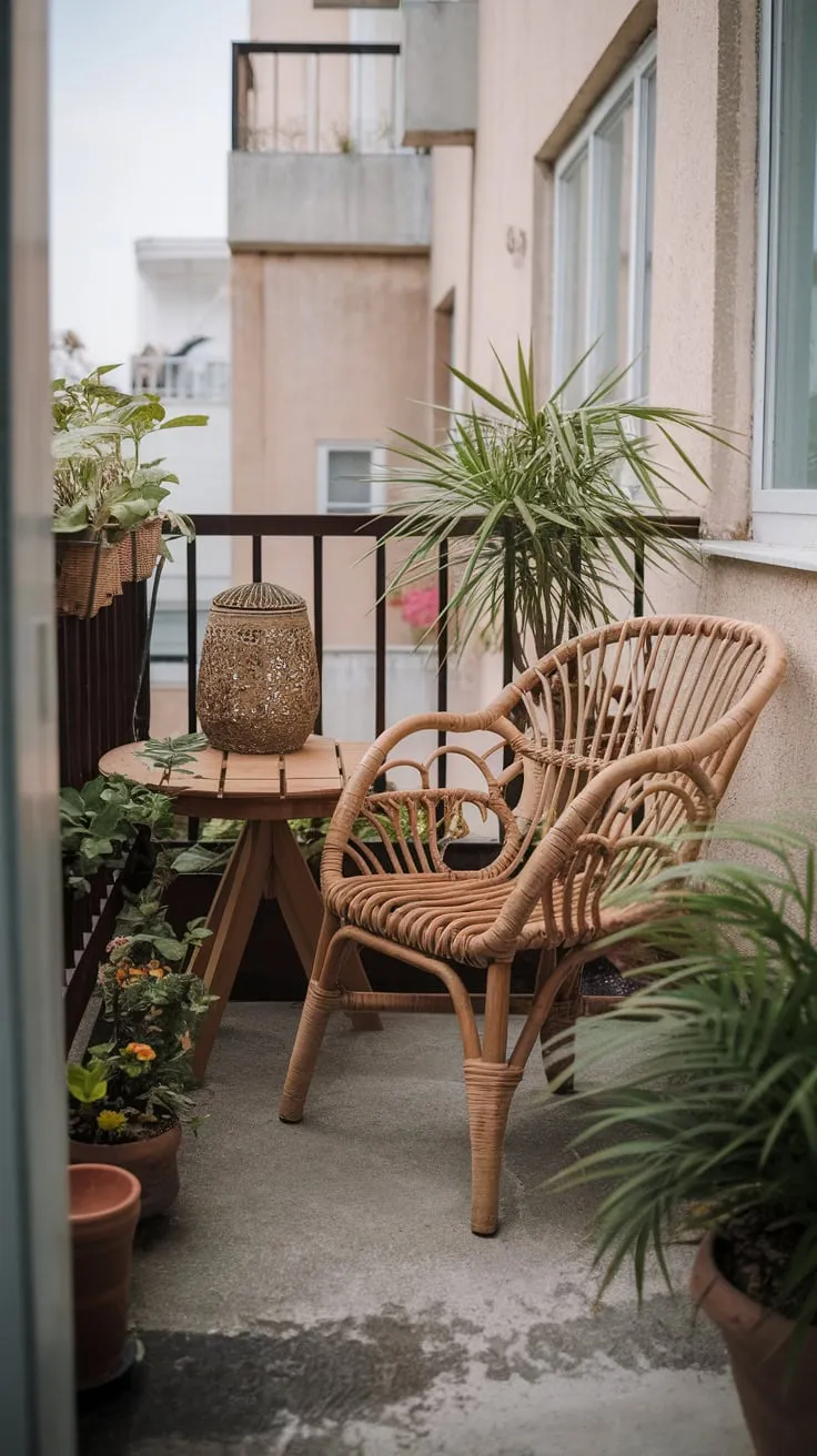 Rattan furniture and lush potted plants transform a concrete apartment patio into a charming boho oasis.