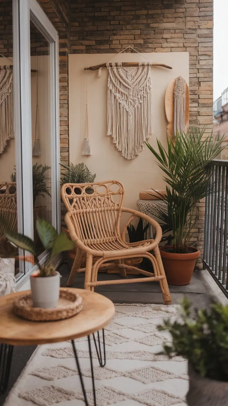 A cozy boho balcony, complete with rattan furniture and potted plants against a brick wall, invites relaxation.