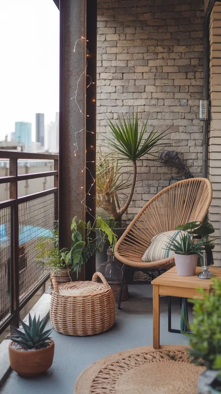 A cozy boho apartment patio, complete with fairy lights, plants, and city views, offers a tranquil escape.