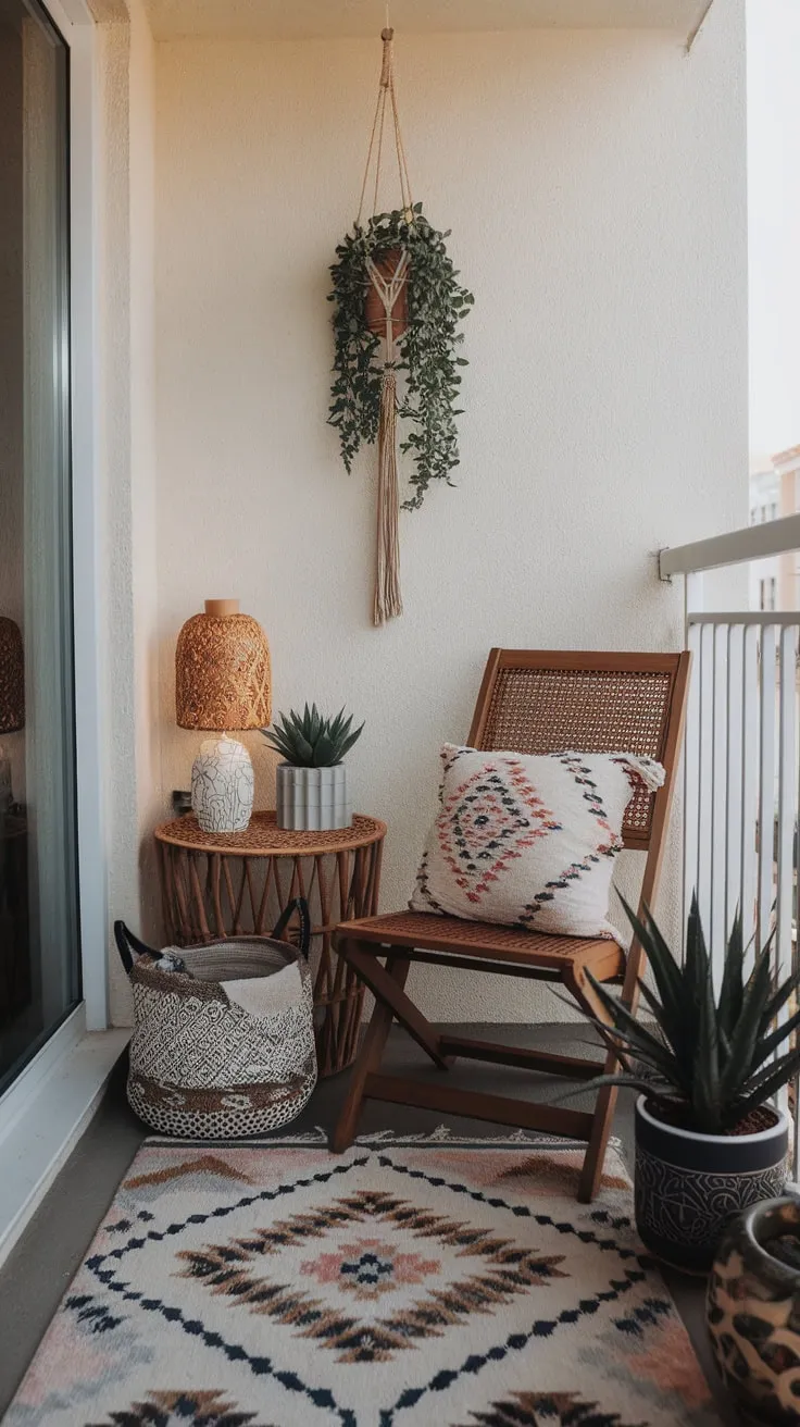 A small balcony becomes a stylish retreat with a boho-chic design featuring a patterned rug, hanging plants, and comfortable seating.