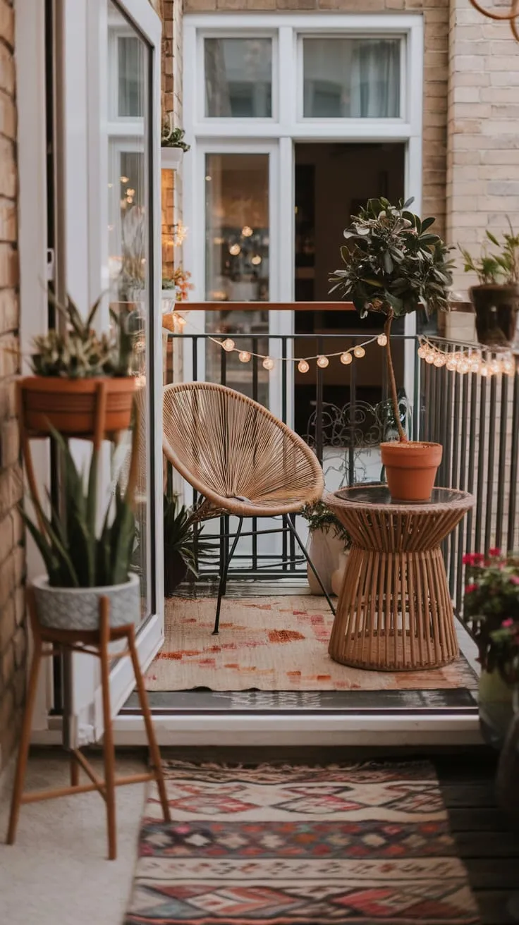 A small apartment patio transforms into a charming retreat with wicker furniture, fairy lights, and lush greenery.