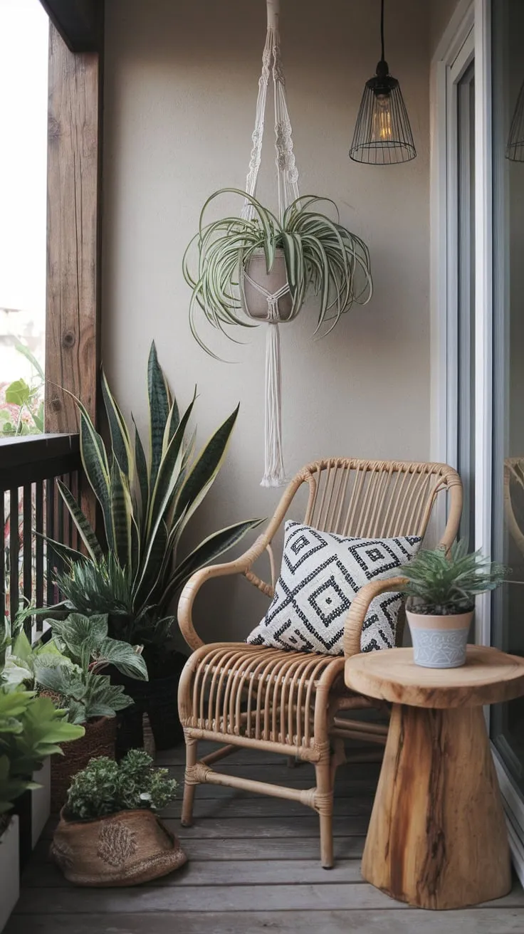 Weathered wood and hanging lights create a tranquil escape on this charming balcony patio.