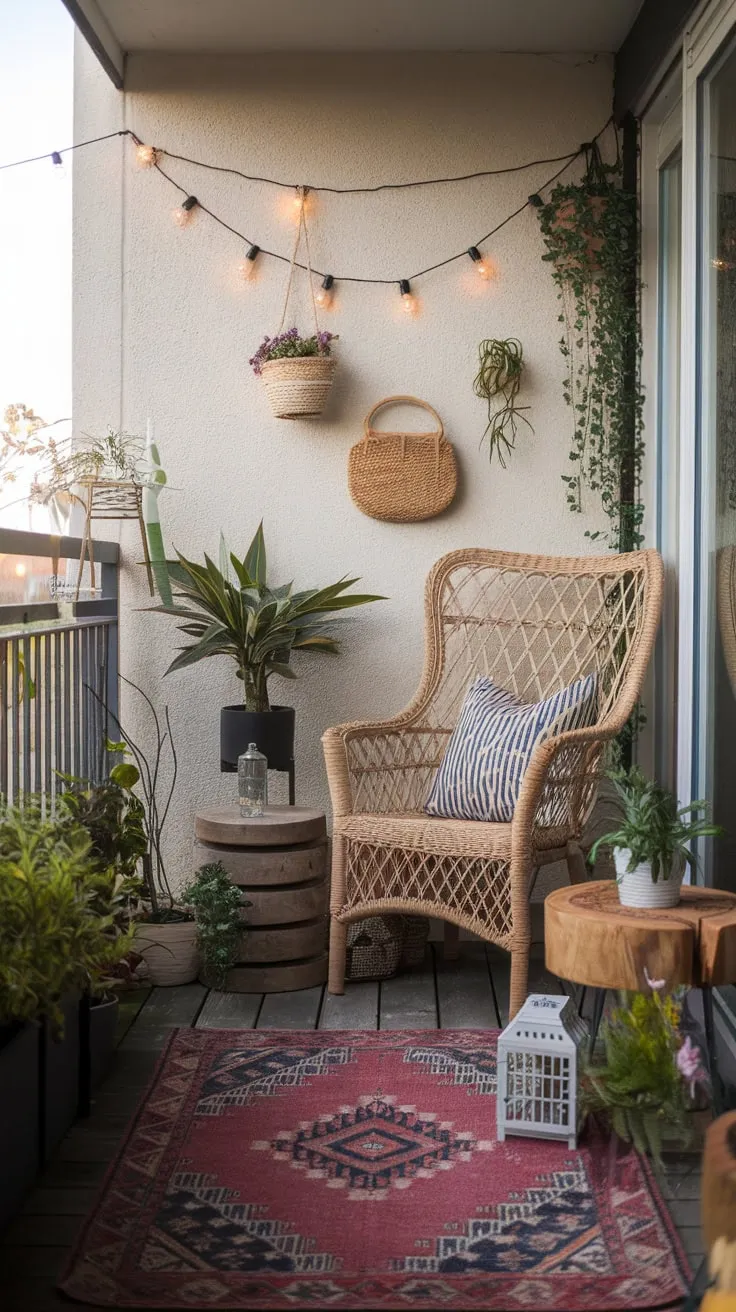 A small apartment balcony blooms with bohemian charm, featuring a vintage rug, potted plants, and charming décor.