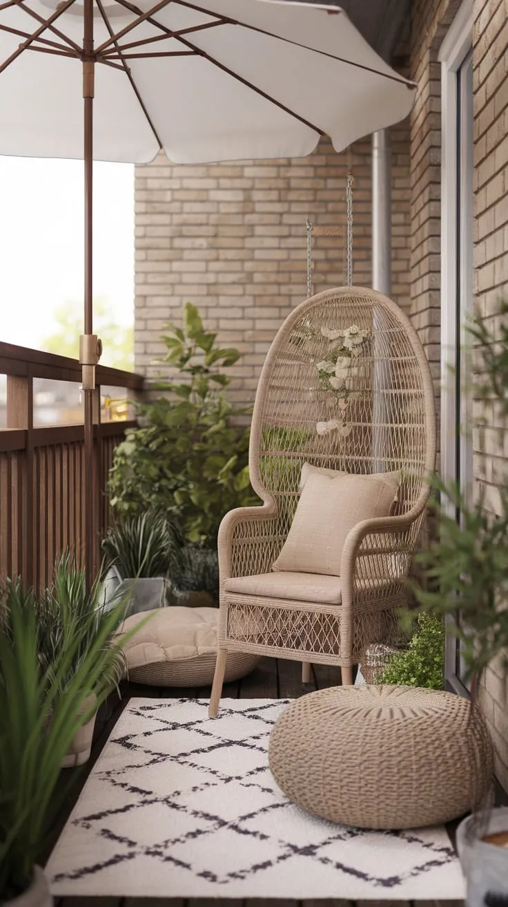 A serene boho-chic apartment patio awaits, complete with wicker chair, lush plants, and a soft glow.