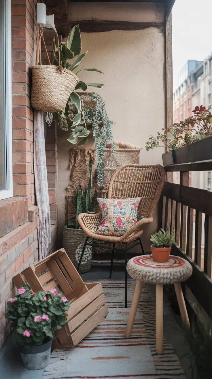 A cozy boho apartment patio, complete with wicker furniture, vibrant plants, and a cityscape view, offers a charming escape.