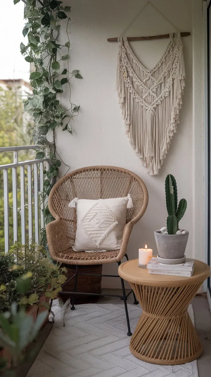 A cozy boho-chic apartment patio, complete with wicker furniture, lush greenery, and charming details, offers a tranquil escape.