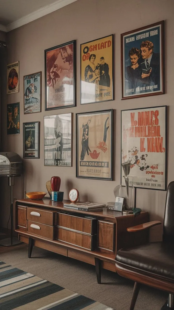 This vintage apartment is a mesmerizing blend of Art Deco elegance and vibrant 70s flair, showcasing a unique harmony of eras through its curated retro decor.