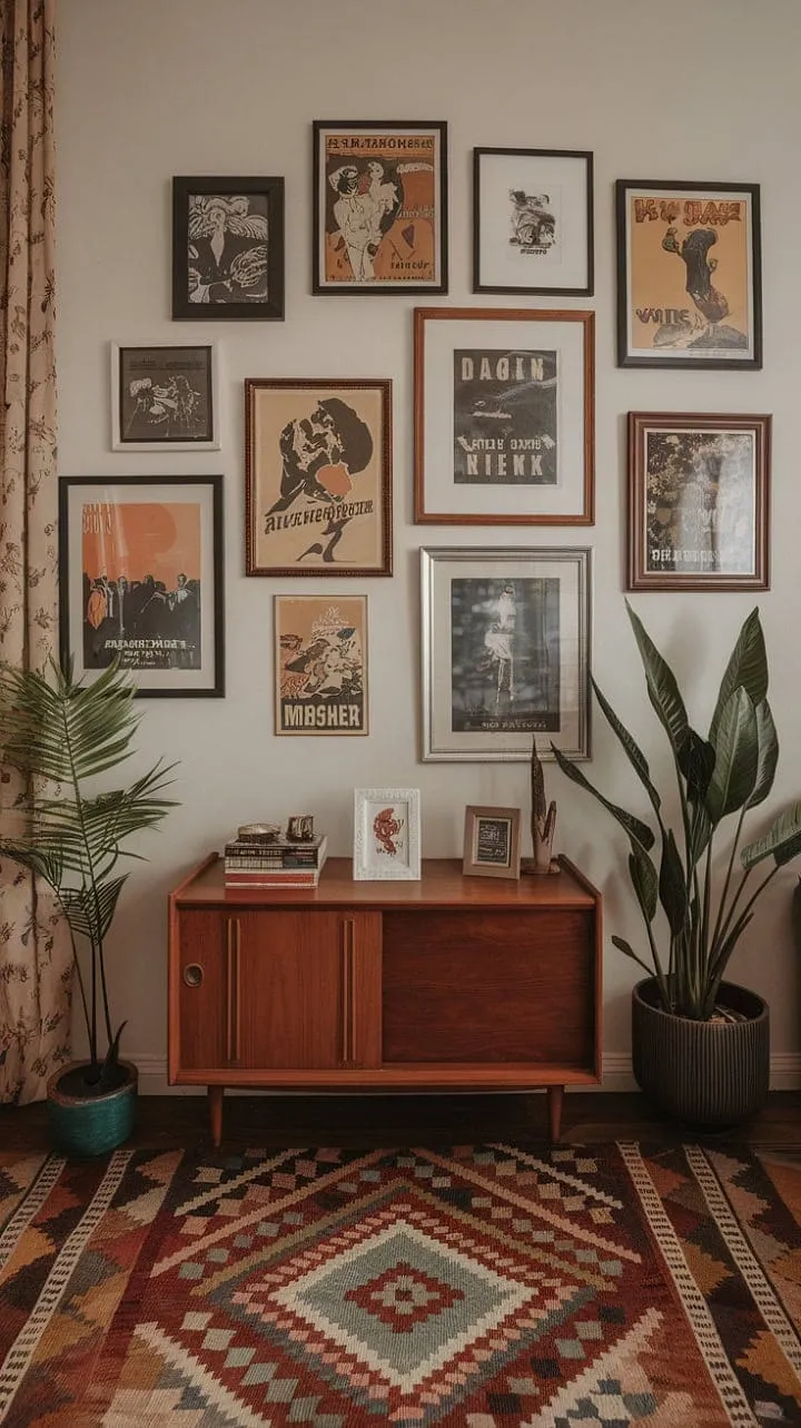 This Art Deco apartment masterfully fuses vintage movie glamour with 70s bohemian flair, showcasing a stylishly inviting space where classic design elements harmoniously coexist.
