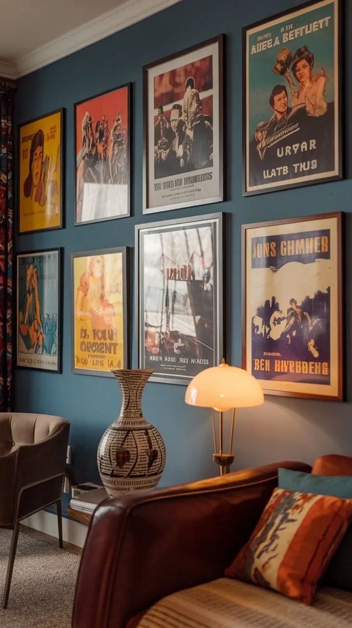 This apartment masterfully fuses Art Deco elegance with mid-century modern flair, showcasing a vibrant gallery of vintage movie posters and striking décor that creates an inspiring retro haven.