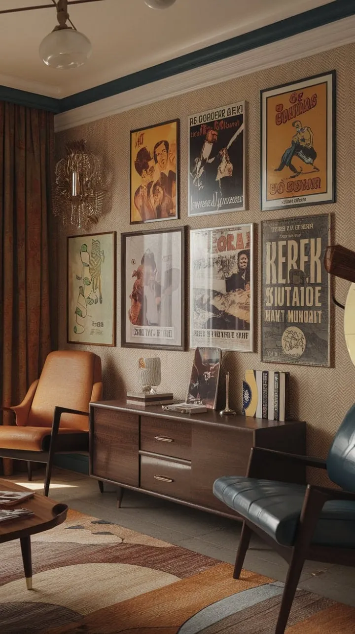 This beige-walled apartment transforms into a captivating haven with its curated vintage movie posters, retro décor, and a seamless fusion of Art Deco and mid-century modern styles.