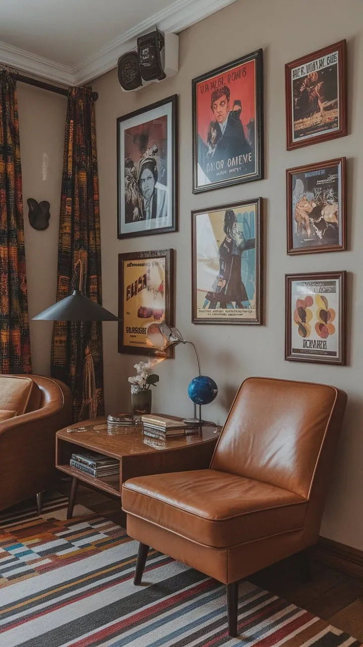 This Art Deco apartment masterfully fuses vintage movie glamour with 70s retro chic, highlighted by a striking gallery wall of mid-century frames and classic film posters.