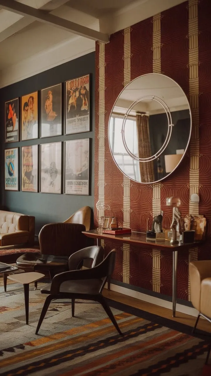 This vintage photograph beautifully showcases an eclectic fusion of Art Deco elegance and 70s retro charm, highlighted by a striking circular mirror and a glamorous gallery wall of classic movie posters.